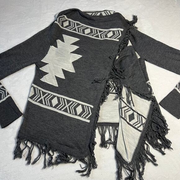 Women's Aztec Print Open Front Cardigan With Fringe Trim Size Small Boho Casual - Picture 3 of 7